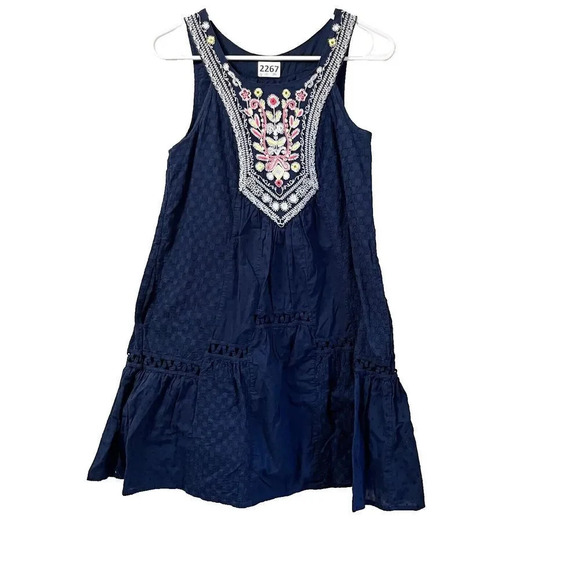 Maeve Womens Navy Blue Embroidered Dress Boho Swing 0 Sleeveless Textured Anthro - Picture 1 of 8